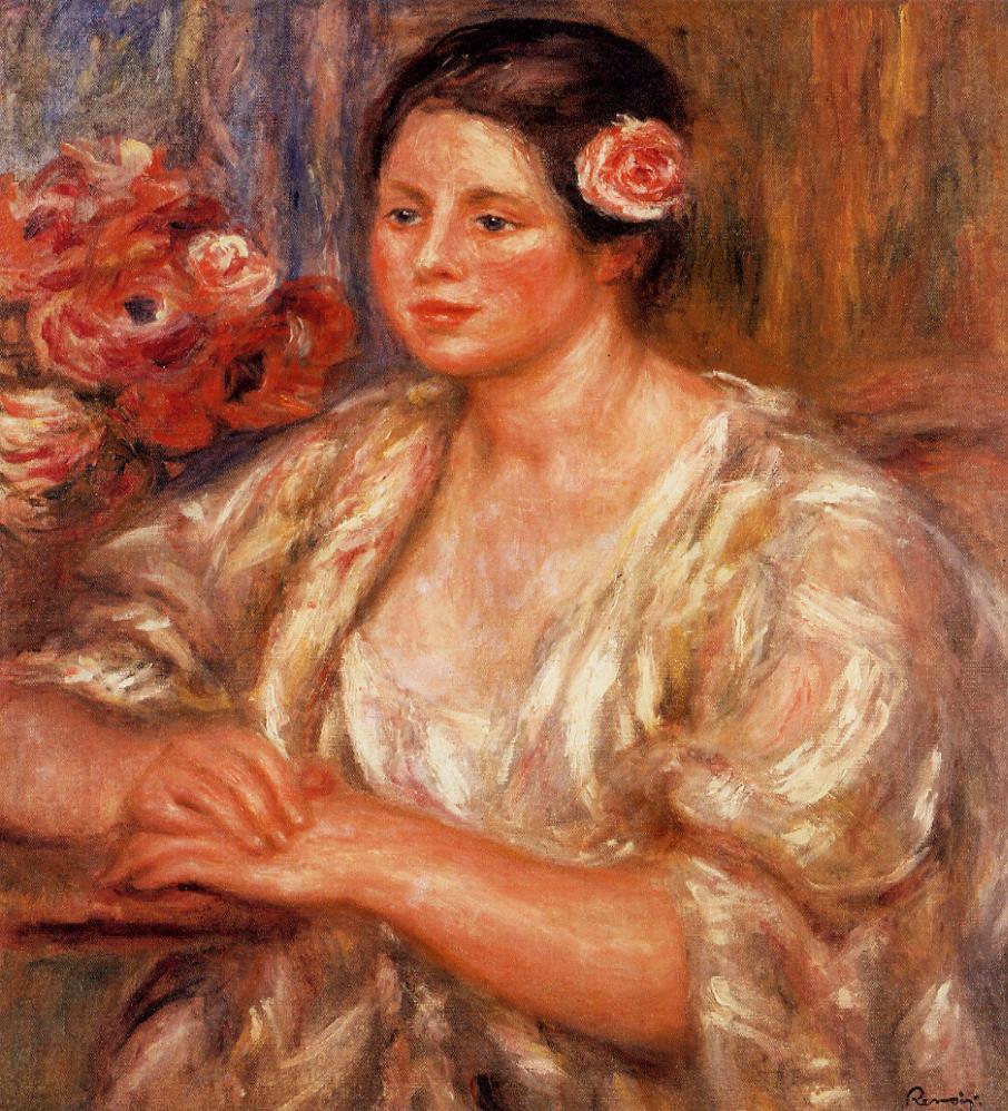 Madelaine in a White Blouse and a Bouquet of Flowers (1915) - Pierre-Auguste Renoir Tablo