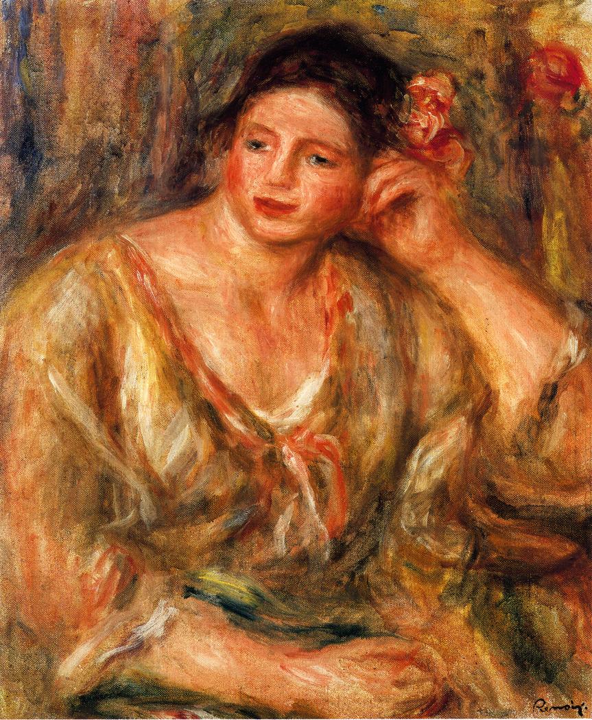 Madeleine Leaning on Her Elbow with Flowers in Her Hair (1918) - Pierre-Auguste Renoir Tablo