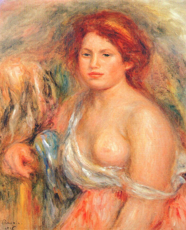 Model with bare breast (1916) - Pierre-Auguste Renoir Tablo