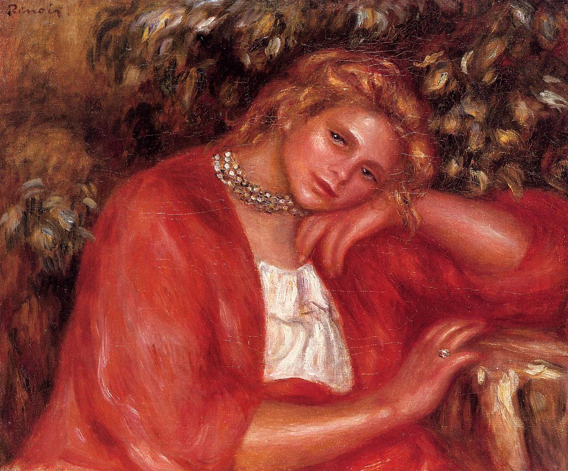 Pensive Young Woman Leaning on Her Elbow (1908) - Pierre-Auguste Renoir Tablo