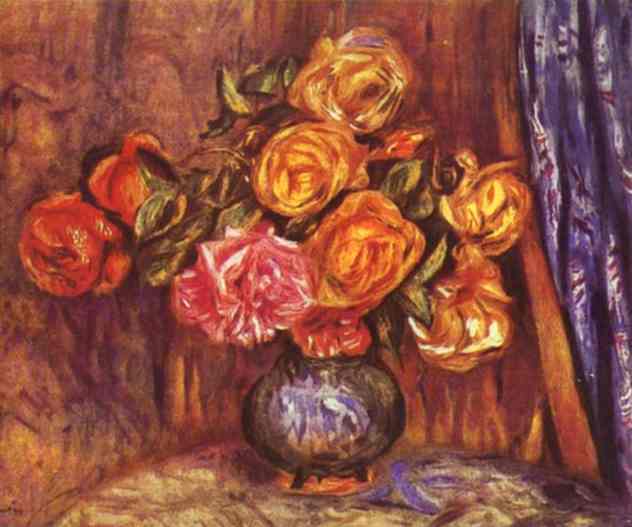 Roses Before the Blue Curtain – Pierre-Auguste Renoir Tablo