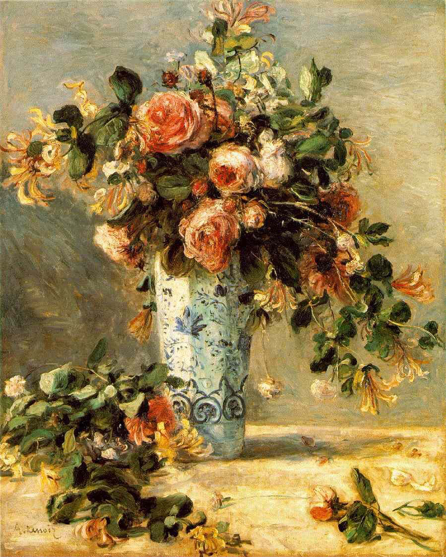 Roses and Jasmine in a Delft Vase (1880) - Pierre-Auguste Renoir Tablo