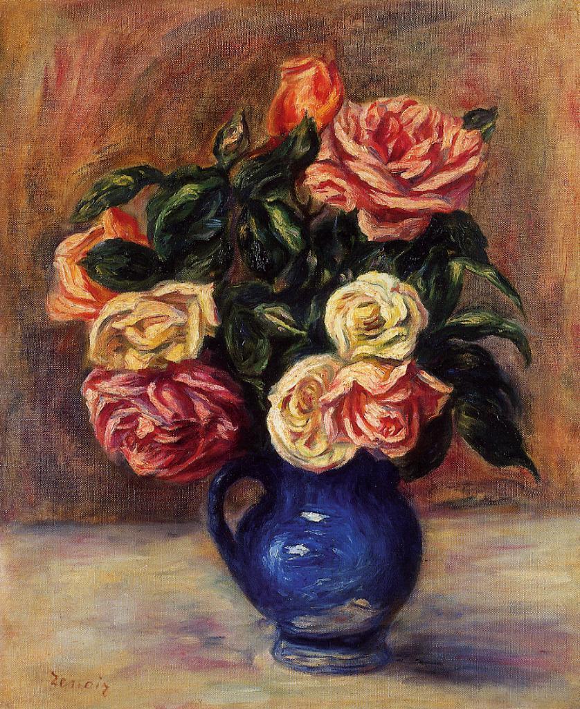 Roses in a Blue Vase (1900) - Pierre-Auguste Renoir Tablo