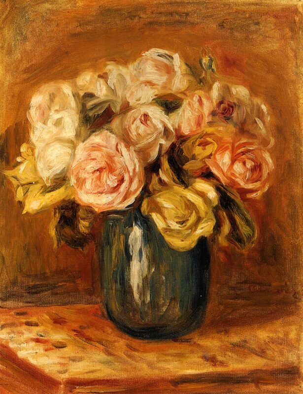 Roses in a Blue Vase (1906) - Pierre-Auguste Renoir Tablo