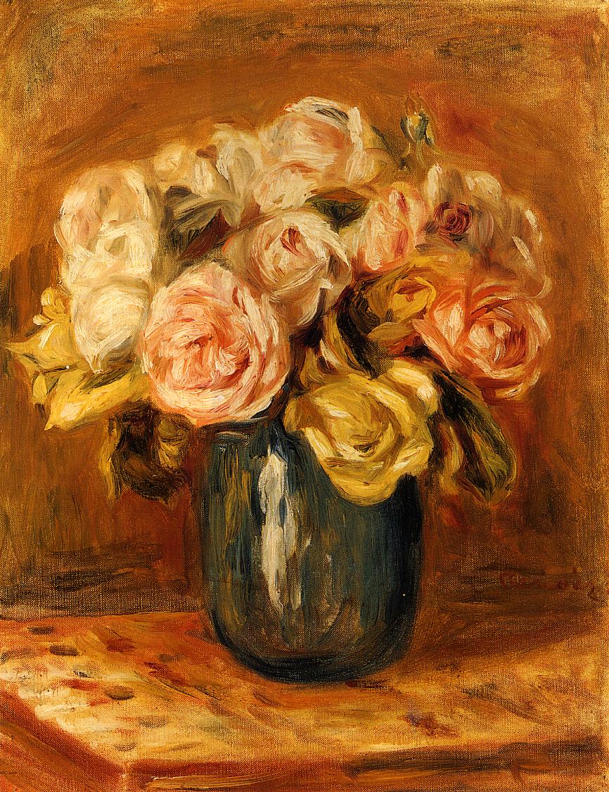 Roses in a Blue Vase (1906) - Pierre-Auguste Renoir Tablo