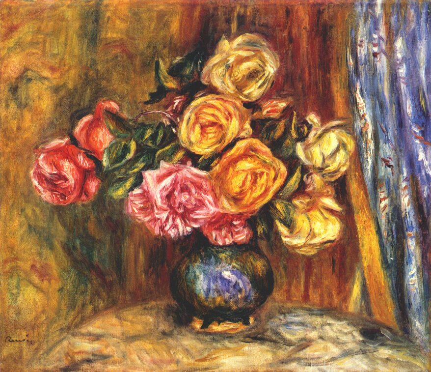 Roses in front of a blue curtain (1908) – Pierre-Auguste Renoir Tablo