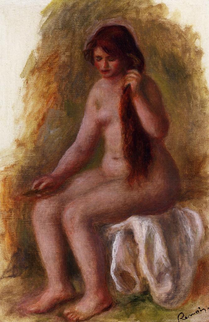 Seated Nude Combing Her Hair - Pierre-Auguste Renoir Tablo