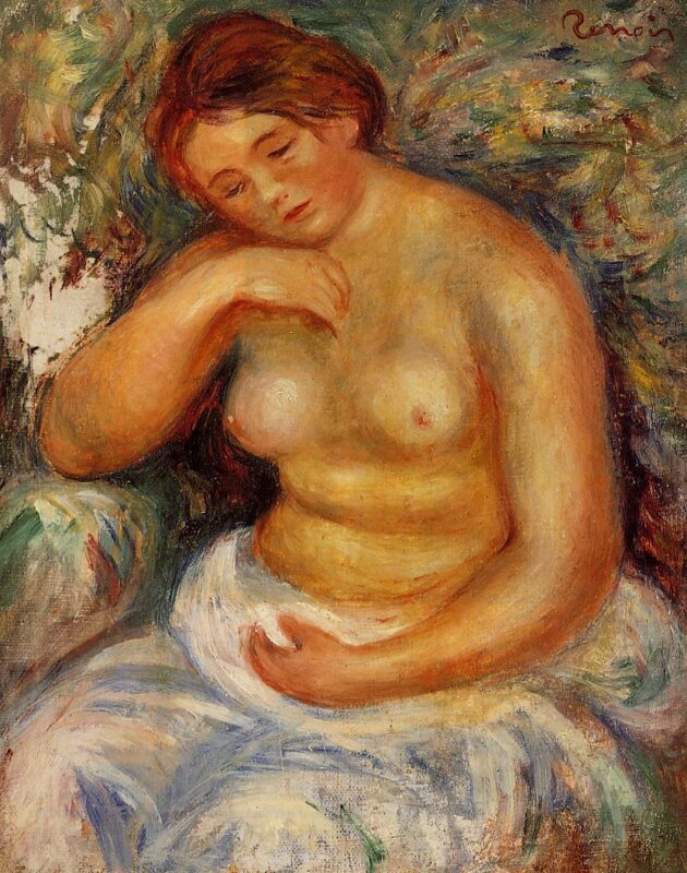 Seated Nude with a Bouquet (1914) - Pierre-Auguste Renoir Tablo