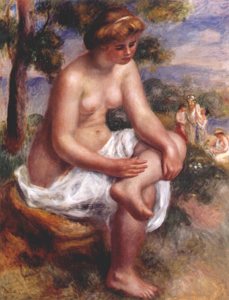 Seated bather in a landscape (1895) - Pierre-Auguste Renoir Tablo