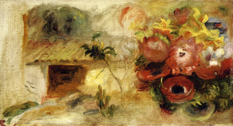 Small House, Buttercups and Diverse Flowers (study) (1910) - Pierre-Auguste Renoir Tablo