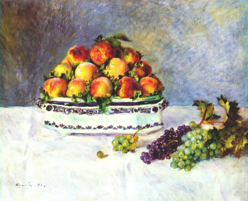 Still life with peaches and grapes (1881) - Pierre-Auguste Renoir Tablo