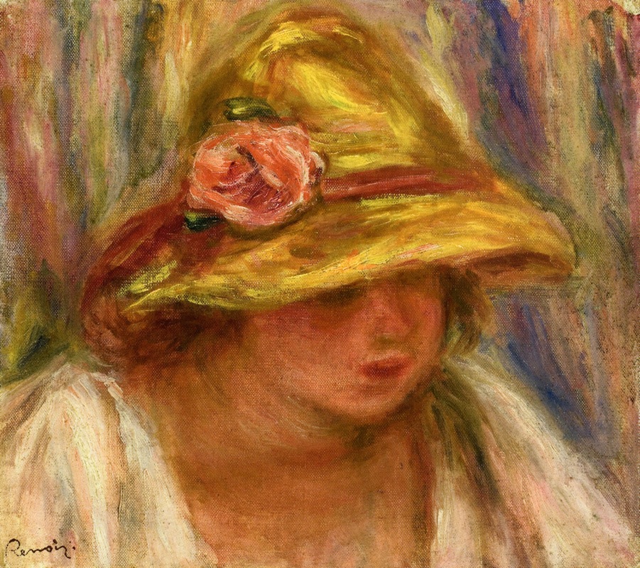 Study of a Woman in a Yellow Hat - Pierre-Auguste Renoir Tablo