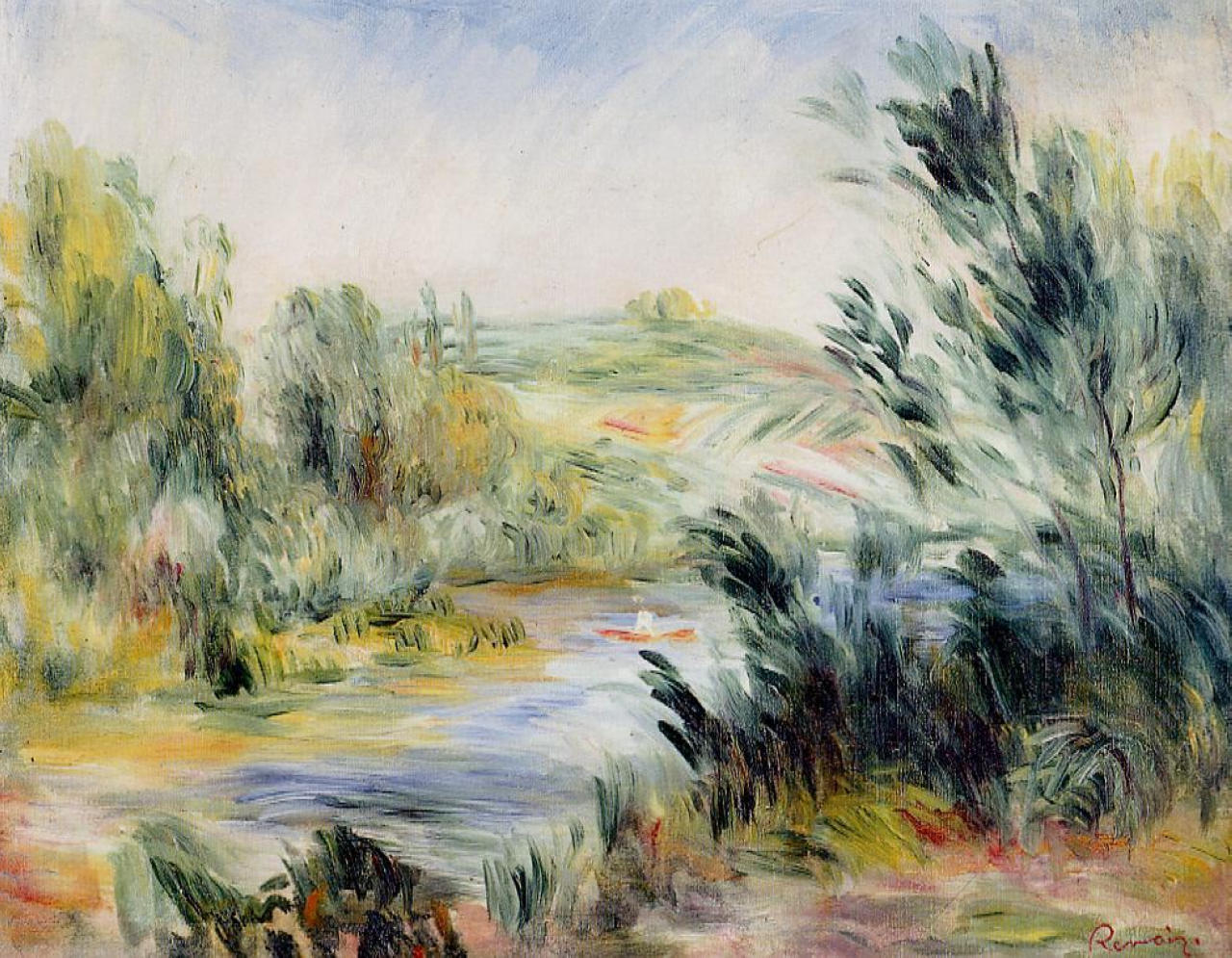 The Banks of a River, Rower in a Boat - Pierre-Auguste Renoir Tablo