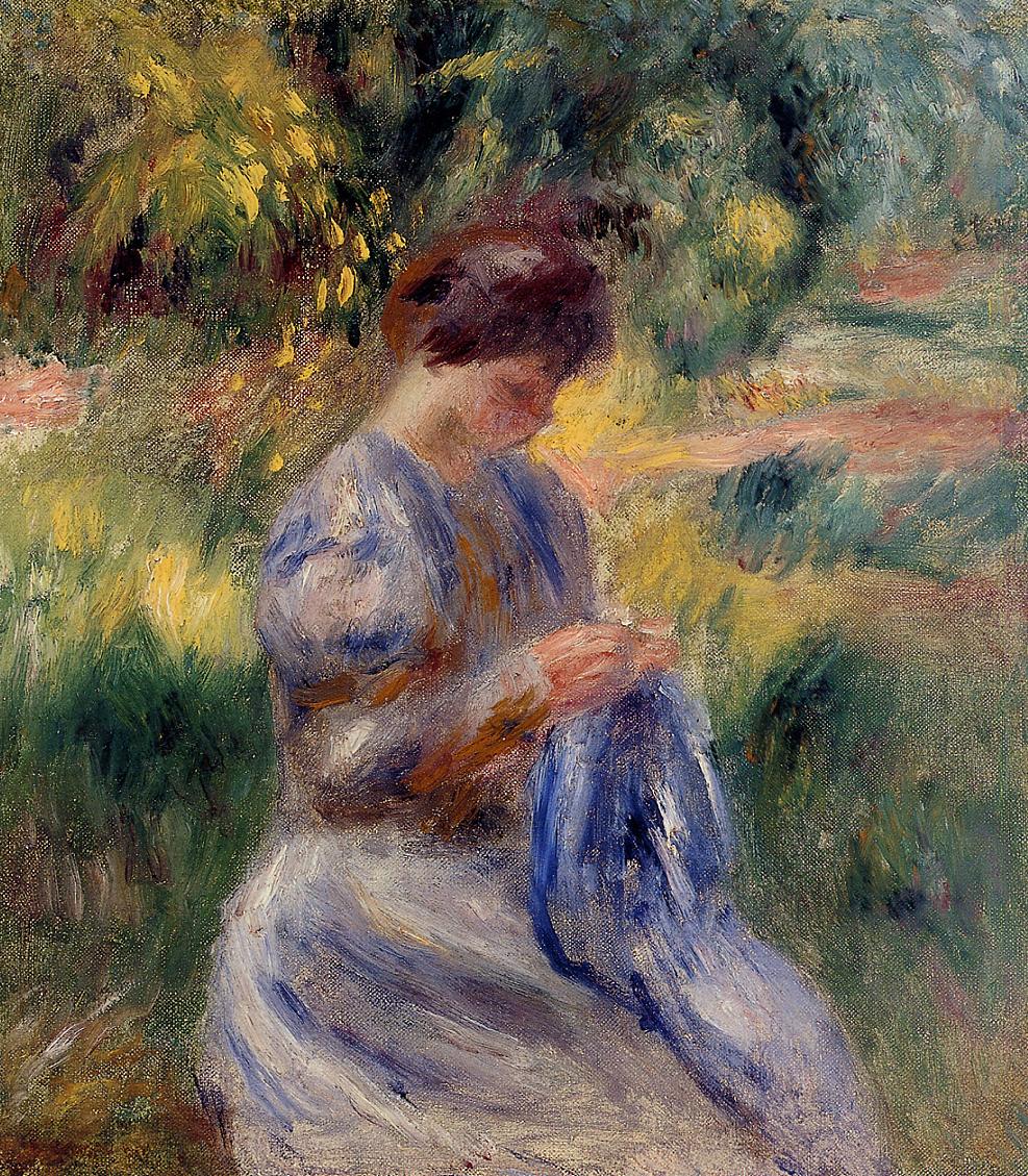 The Embroiderer (Woman Embroidering in a Garden) (1898) - Pierre-Auguste Renoir Tablo