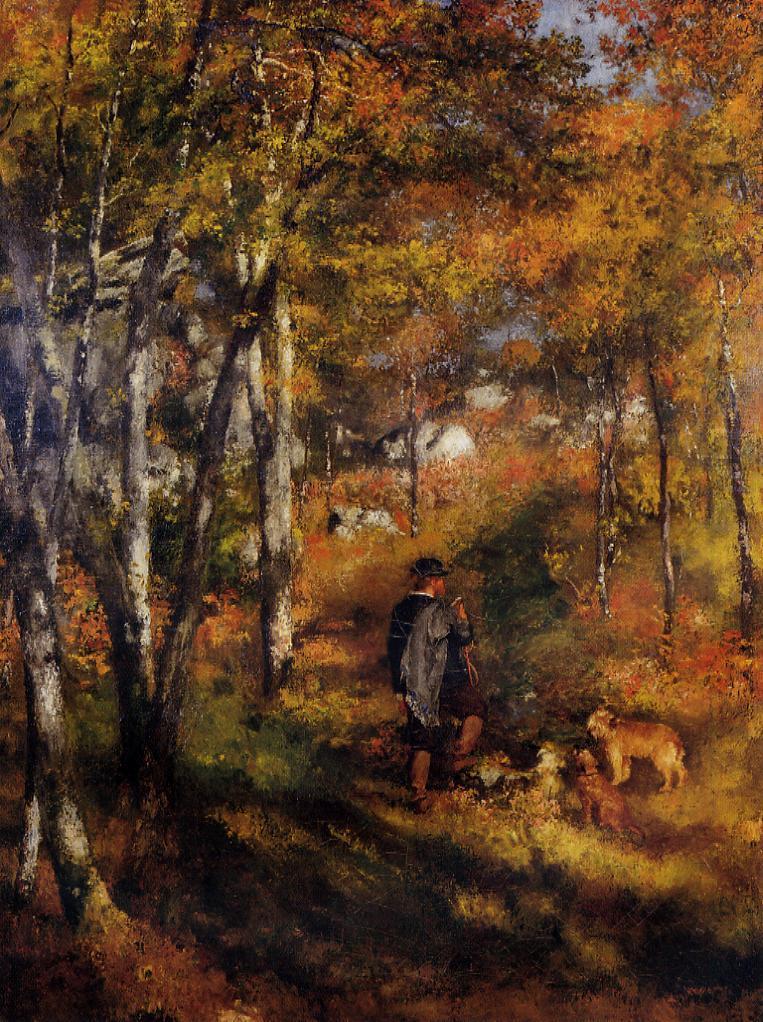 The Painter Jules Le Coeur Walking His Dogs in the Forest of Fontainebleau (1866) - Pierre-Auguste Renoir Tablo