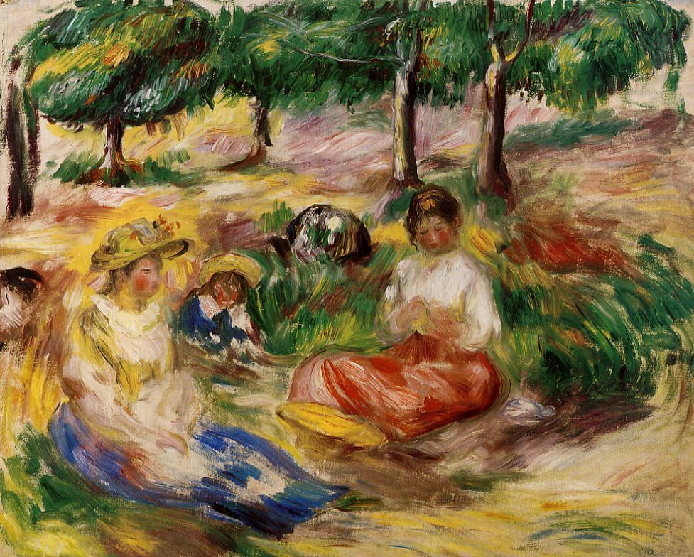 Three Young Girls Sitting in the Grass (1896) - Pierre-Auguste Renoir Tablo