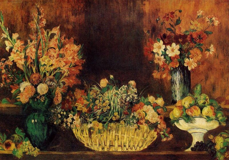 Vase, Basket of Flowers and Fruit (1889) - Pierre-Auguste Renoir Tablo
