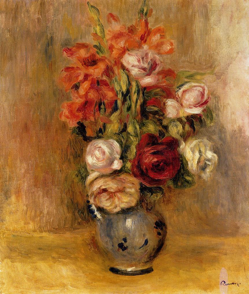 Vase of Gladiolas and Roses (1909) - Pierre-Auguste Renoir Tablo