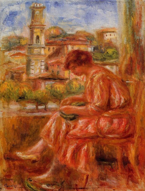 Woman at the Window with a View of Nice (1918) - Pierre-Auguste Renoir Tablo
