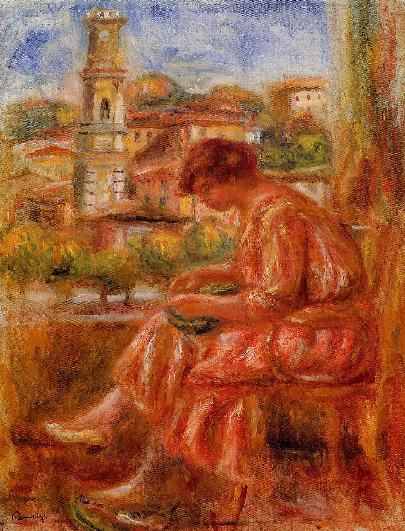 Woman at the Window with a View of Nice (1918) - Pierre-Auguste Renoir Tablo