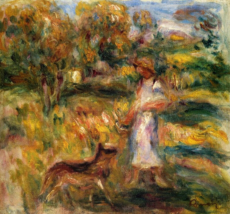 Woman in Blue and Zaza in a Landscape (1919) - Pierre-Auguste Renoir Tablo
