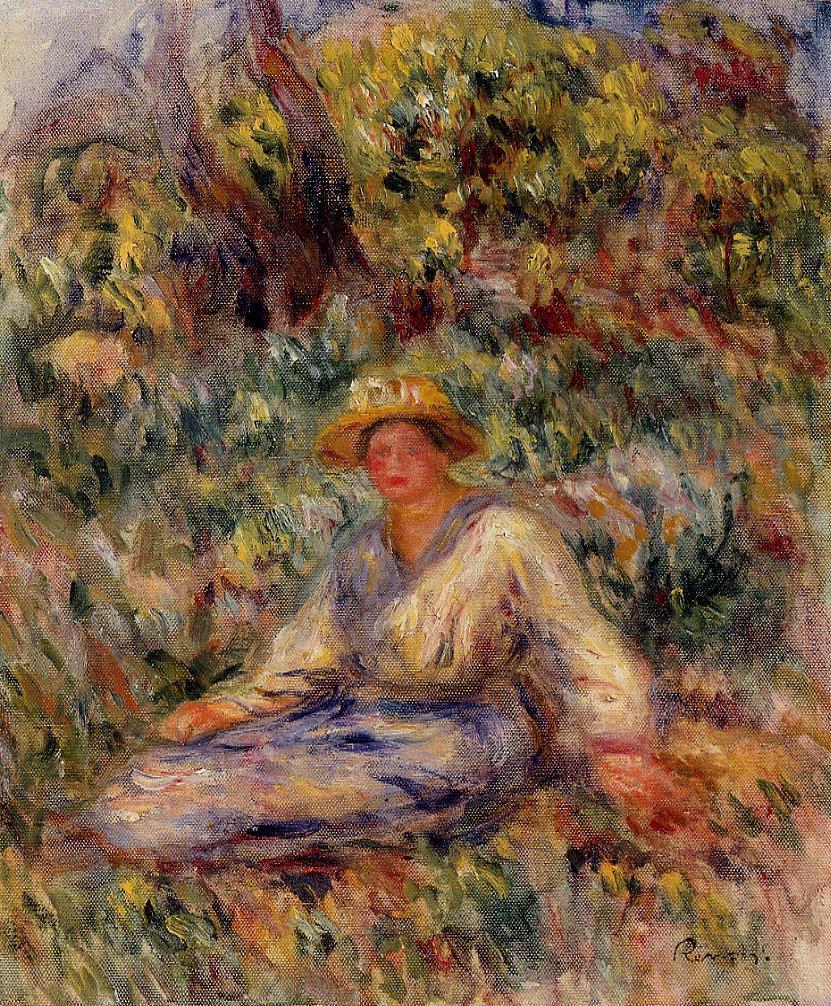Woman in Blue in a Landscape (1916) - Pierre-Auguste Renoir Tablo
