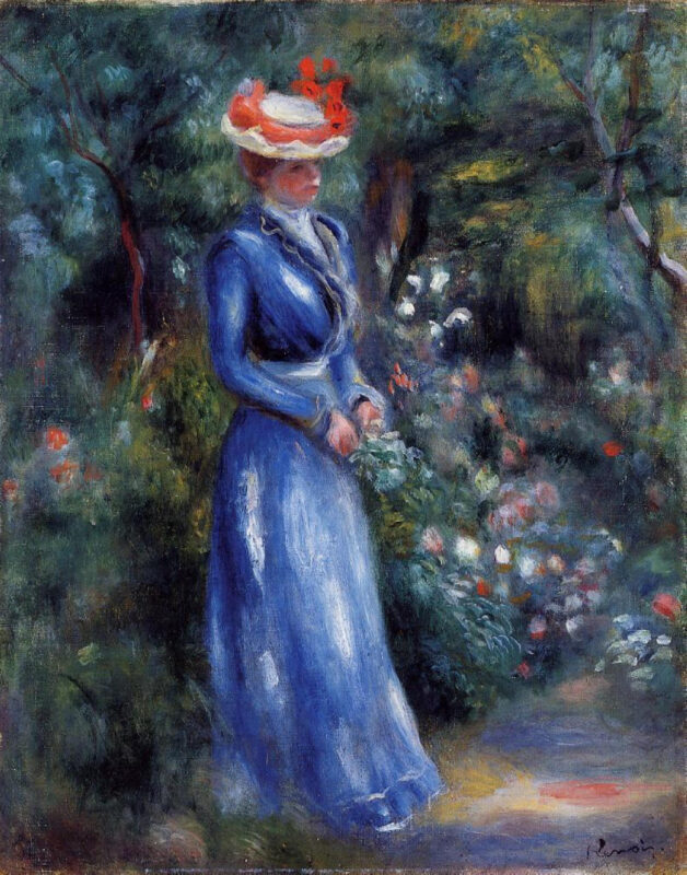 Woman in a Blue Dress, Standing in the Garden of Saint Cloud (1899) - Pierre-Auguste Renoir Tablo