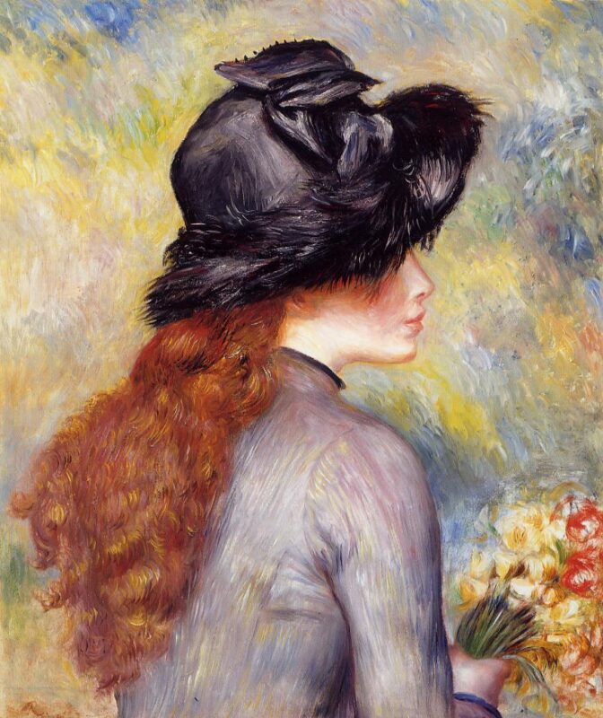 Young Girl Holding at Bouquet of Tulips (1878) - Pierre-Auguste Renoir Tablo
