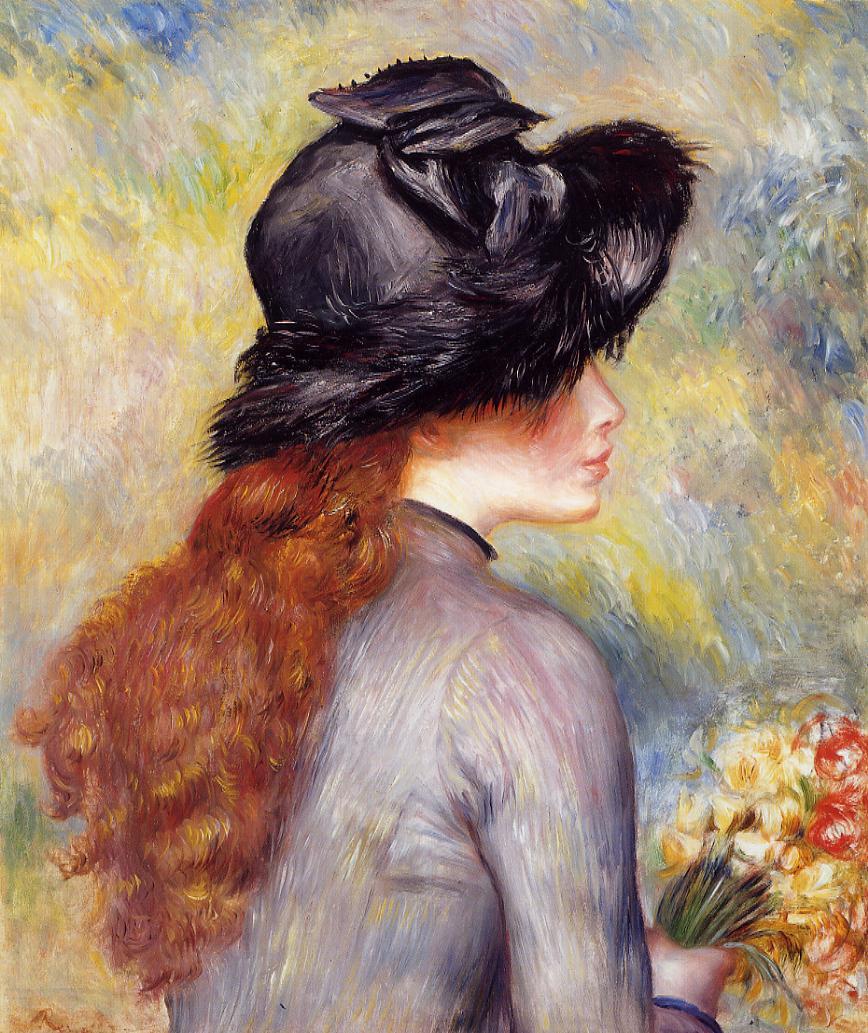 Young Girl Holding at Bouquet of Tulips (1878) - Pierre-Auguste Renoir Tablo