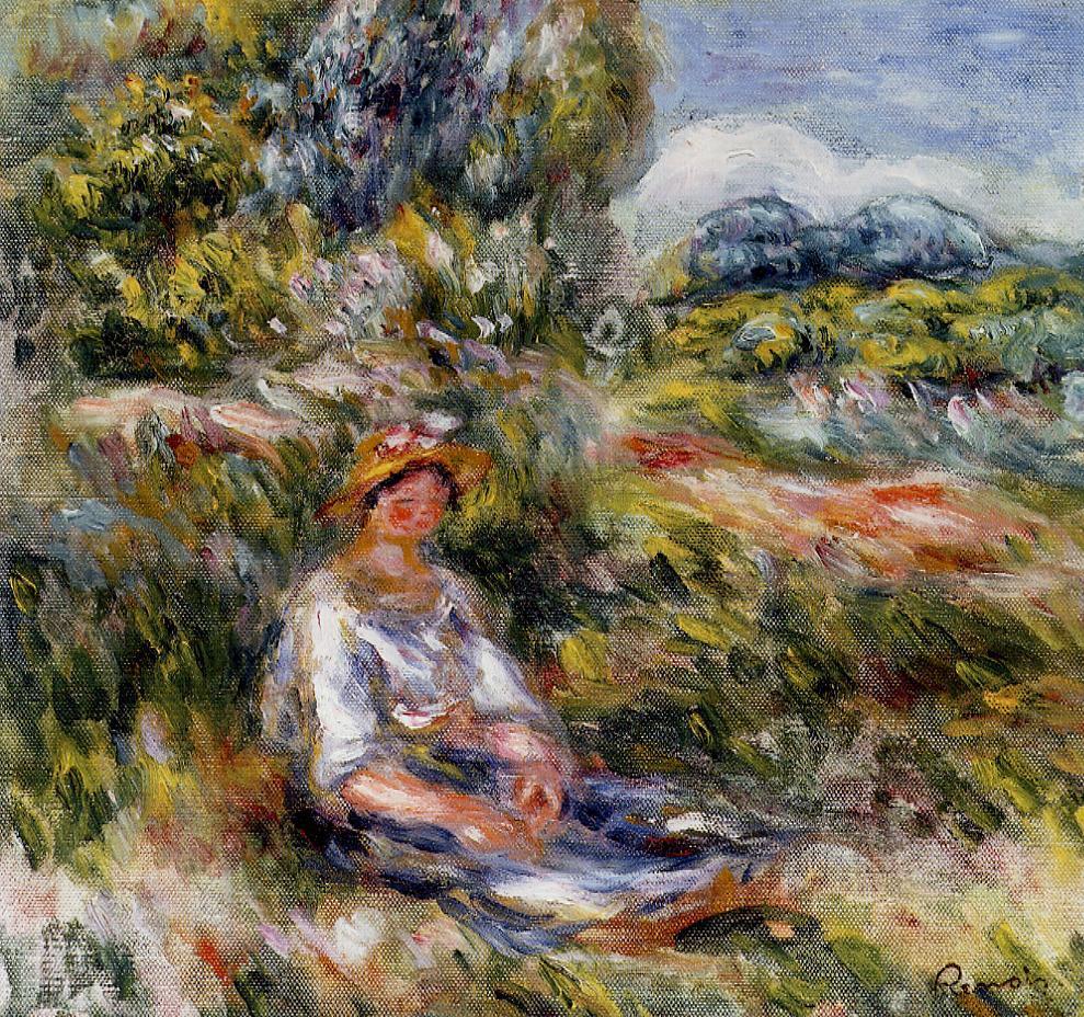 Young Girl Seated in a Meadow (1916) - Pierre-Auguste Renoir Tablo