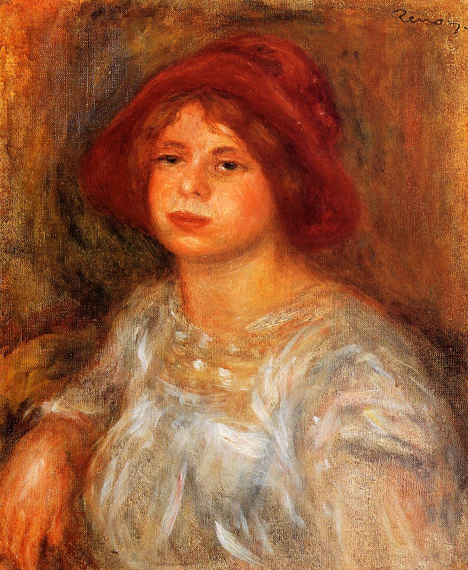 Young Girl Wearing a Red Hat (1913) - Pierre-Auguste Renoir Tablo