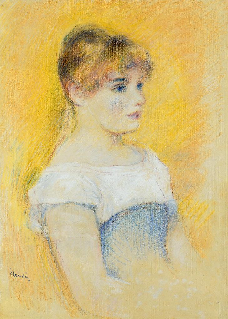 Young Girl in a Blue Corset - Pierre-Auguste Renoir Tablo