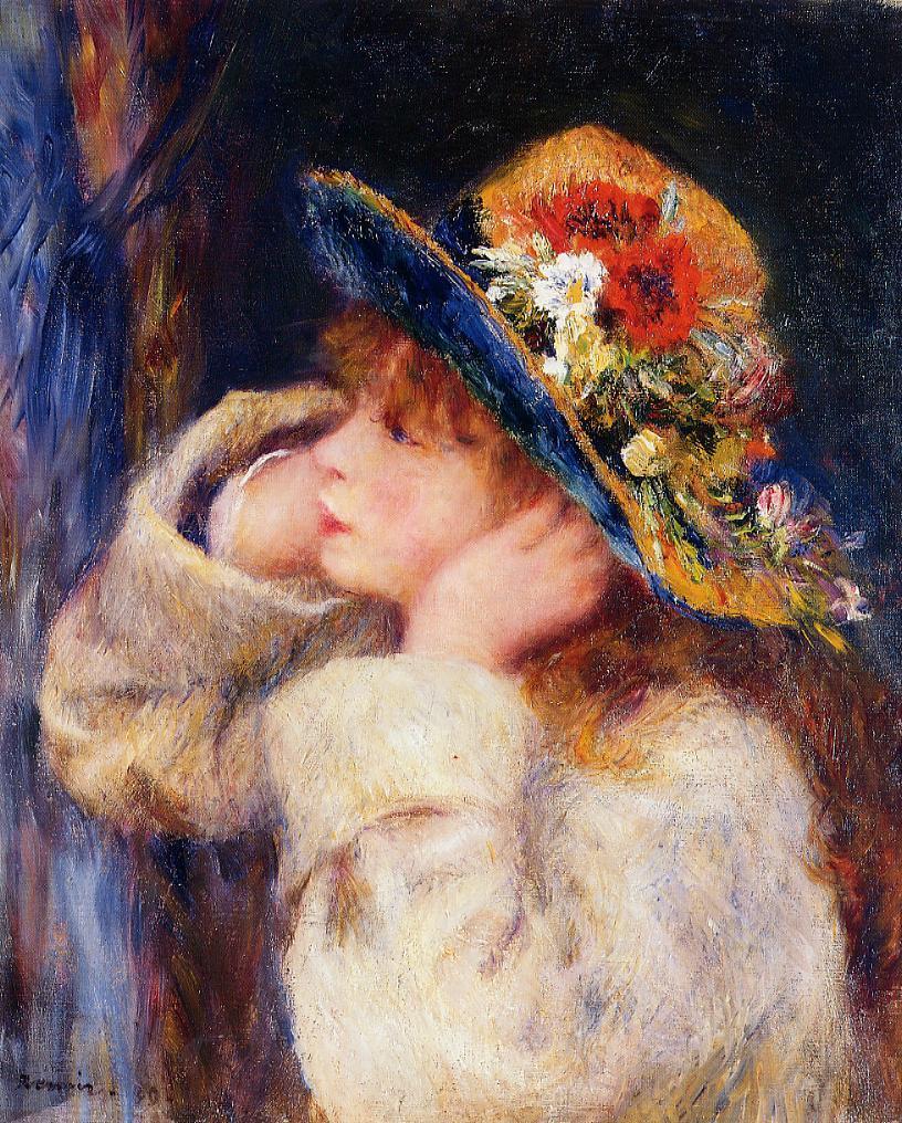 Young Girl in a Hat Decorated with Wildflowers (1880) - Pierre-Auguste Renoir Tablo