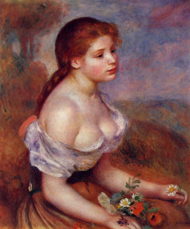 Young Girl with Daisies (1889) - Pierre-Auguste Renoir Tablo