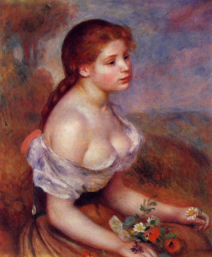 Young Girl with Daisies (1889) - Pierre-Auguste Renoir Tablo