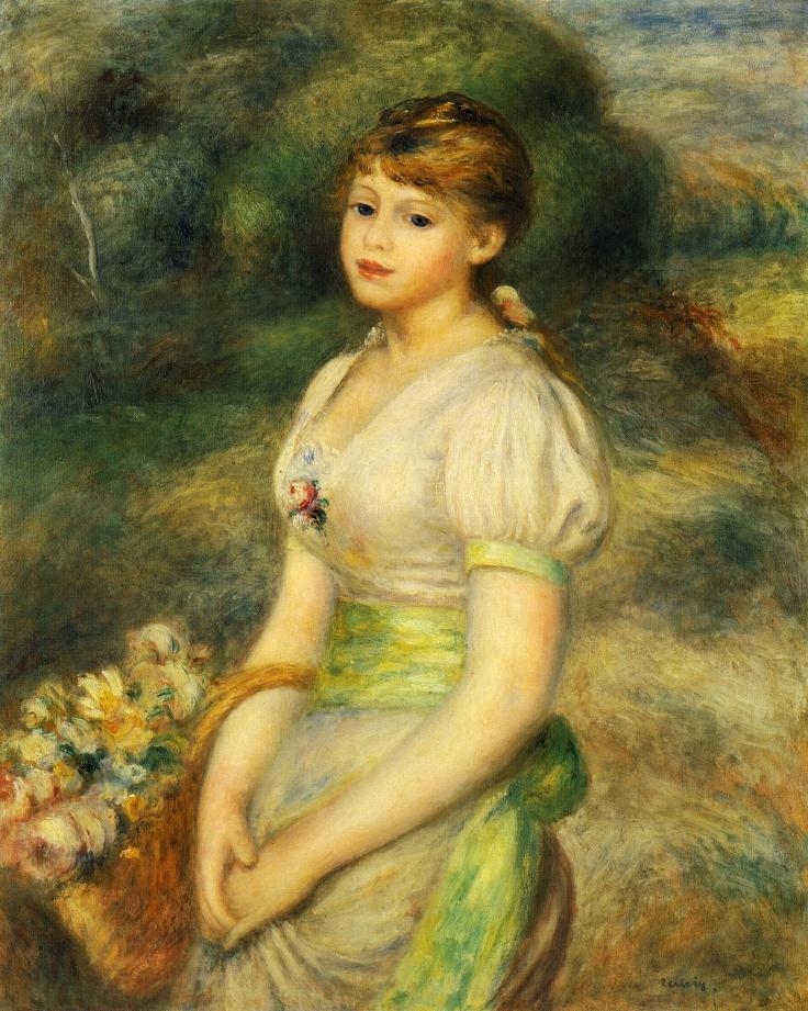 Young Girl with a Basket of Flowers (1888) - Pierre-Auguste Renoir Tablo