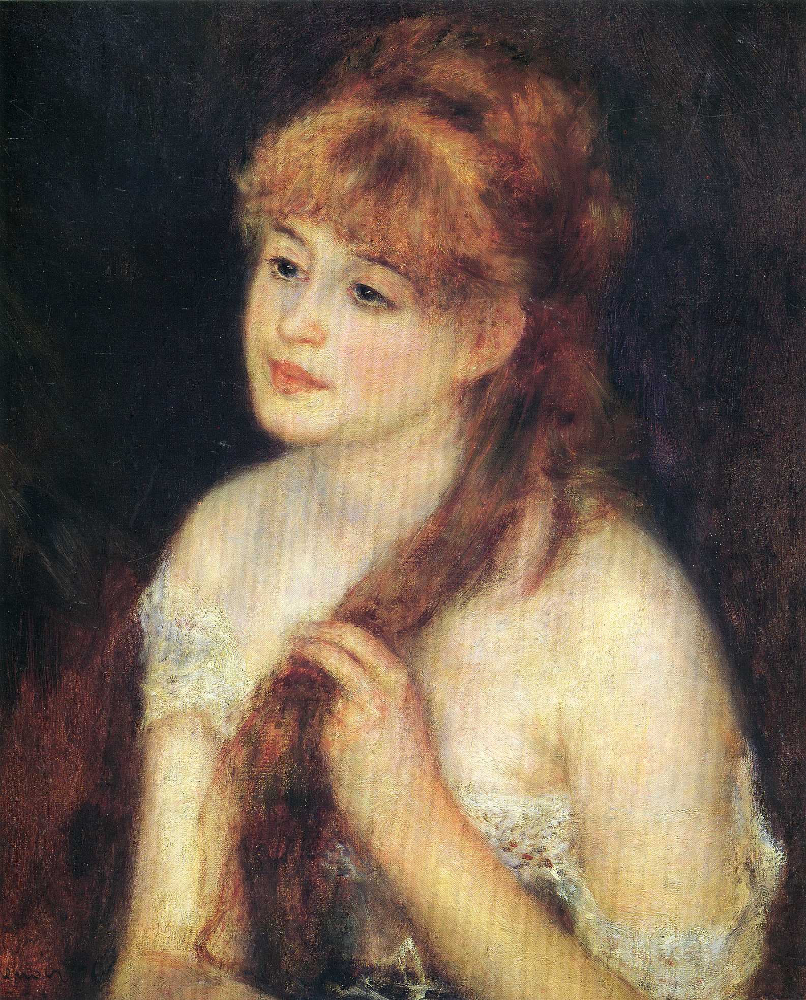 Young Woman Braiding Her Hair (1876) - Pierre-Auguste Renoir Tablo