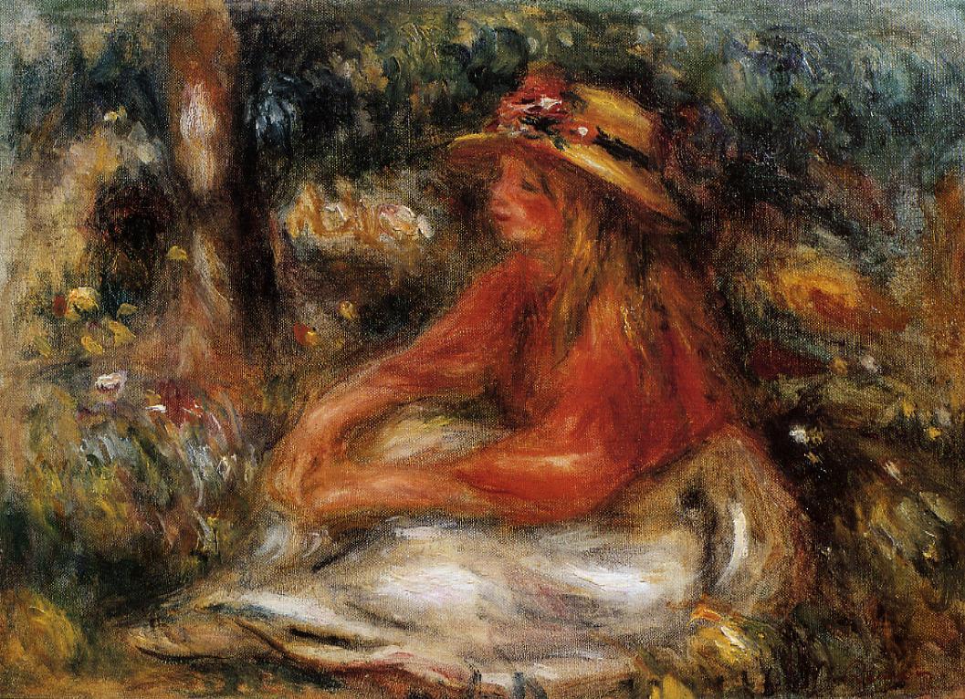 Young Woman Seated on the Grass (1905) - Pierre-Auguste Renoir Tablo
