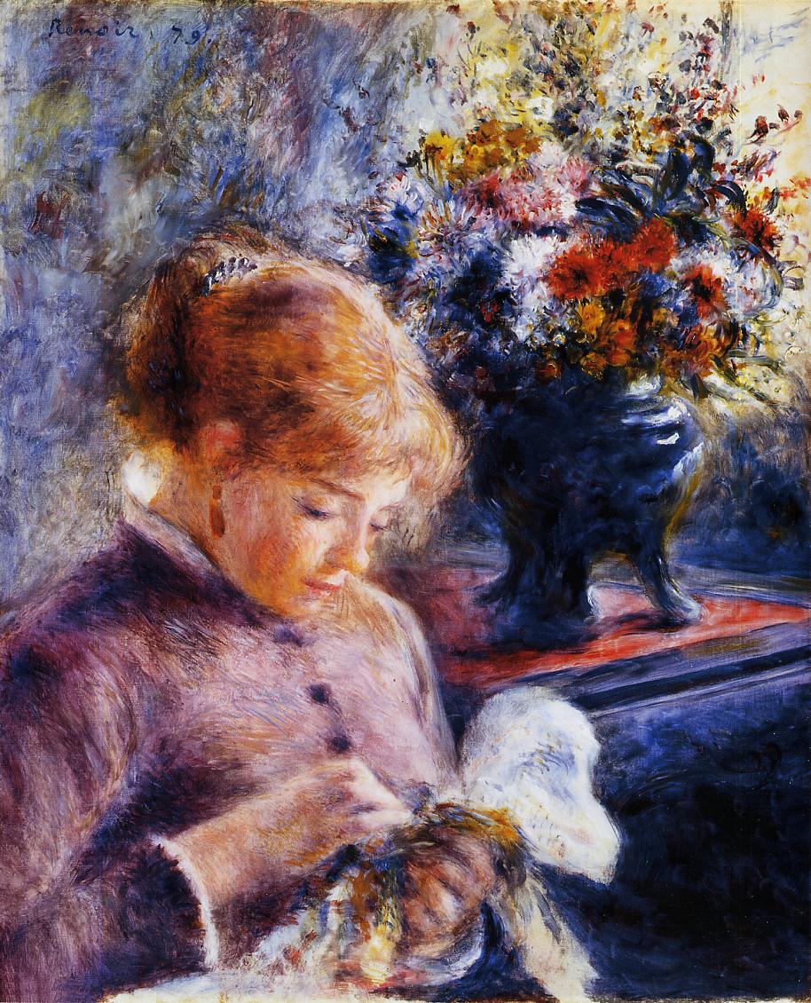 Young Woman Sewing (1879) - Pierre-Auguste Renoir Tablo