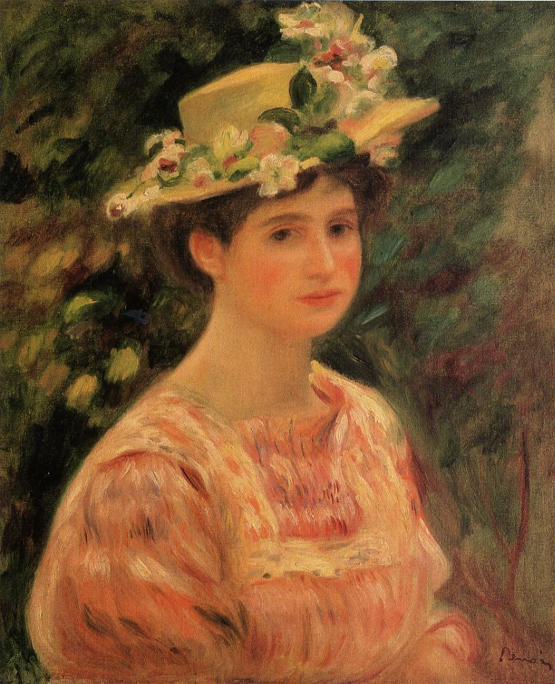 Young Woman Wearing a Hat with Wild Roses (1896) - Pierre-Auguste Renoir Tablo