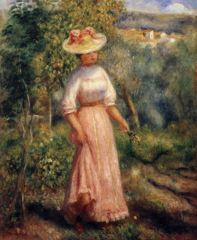 Young Woman in Red in the Fields (1900) - Pierre-Auguste Renoir Tablo