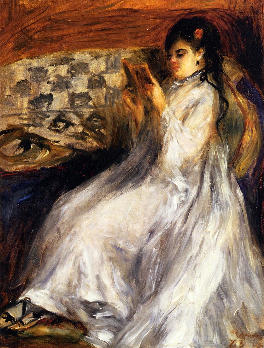 Young Woman in White Reading (1873) - Pierre-Auguste Renoir Tablo