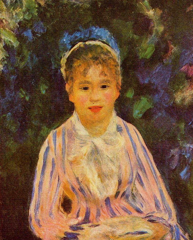 Young Woman in a Blue and Pink Striped Shirt (1875) - Pierre-Auguste Renoir Tablo