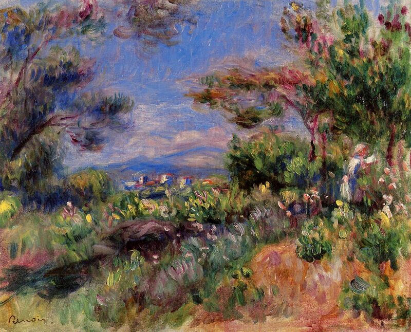 Young Woman in a Landscape, Cagnes (1905) - Pierre-Auguste Renoir Tablo