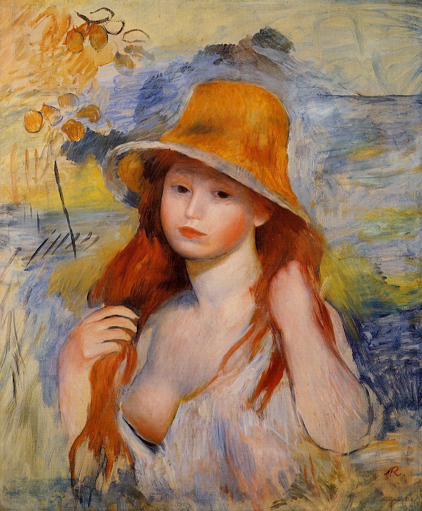 Young Woman in a Straw Hat (1884) - Pierre-Auguste Renoir Tablo