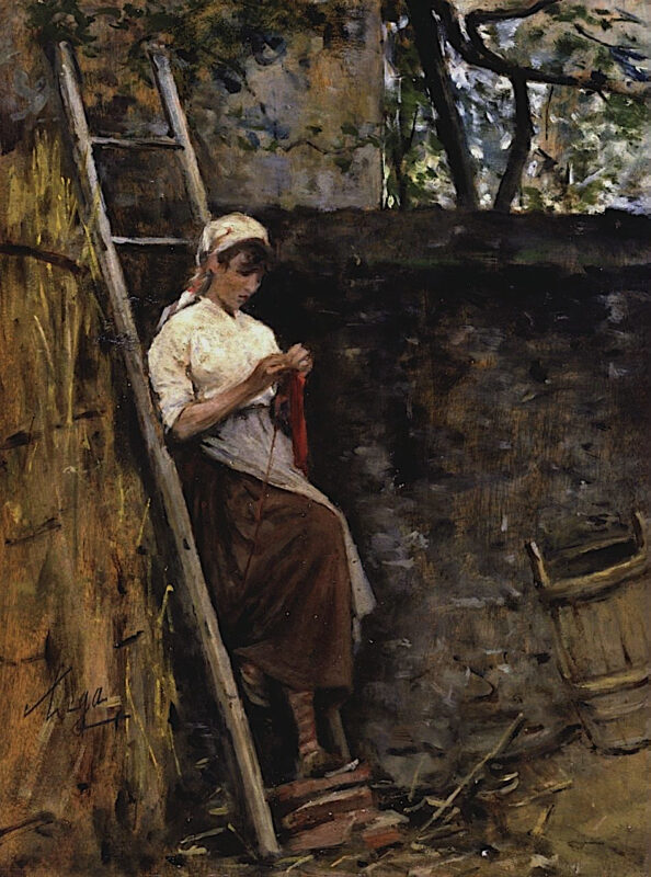 Country girl leaning against a ladder (1887) - Silvestro Lega Tablo