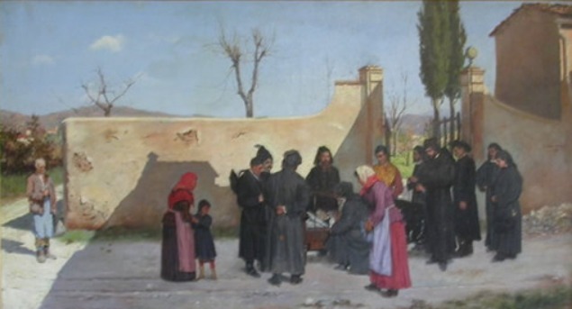 The transport of the sick to Villa Batelli with the hills of Fiesole in the background - Silvestro Lega Tablo