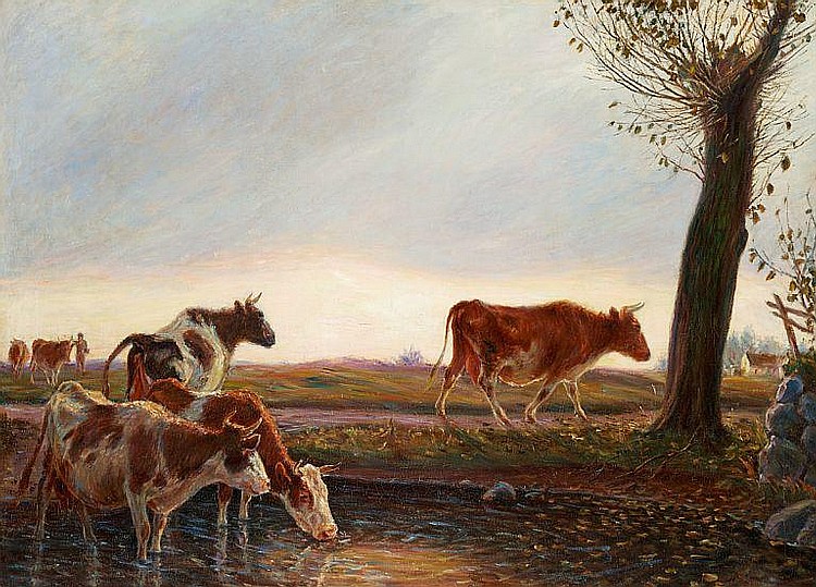 Cows homeward bound in the evening (1904) - Theodor Philipsen Tablo