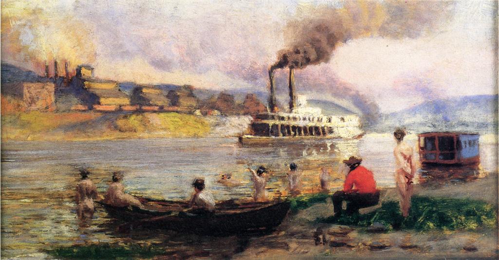 The Visit of the Beggar and her Child Steamboat on the Ohio - Thomas Pollock Anshutz Tablo