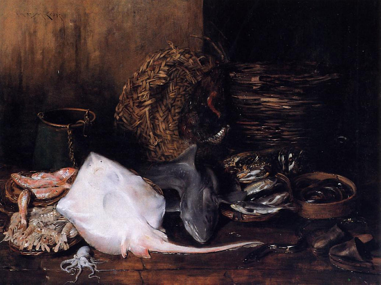 A Fishmarket in Venice (aka Venetian Fish Market the Yield of the Waters) (1878) - William Merritt Chase Tablo